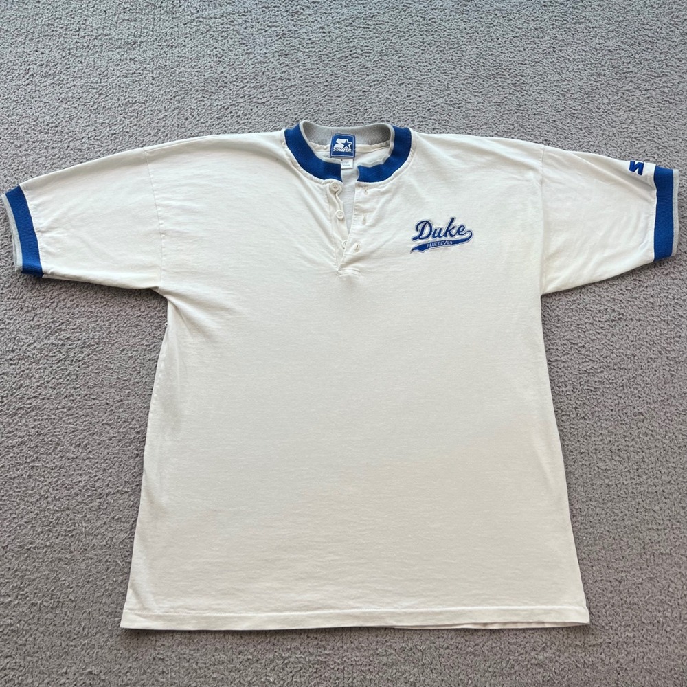 Vintage Starter Duke Blue Devils Henley Shirt Mens Large White Blue 90s USA Made